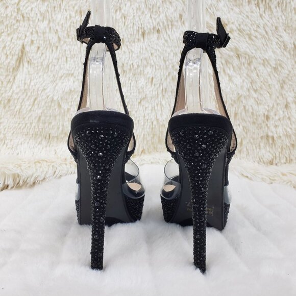 Black rhinestone high heel shoes clear toe strap - Picture 9 of 12